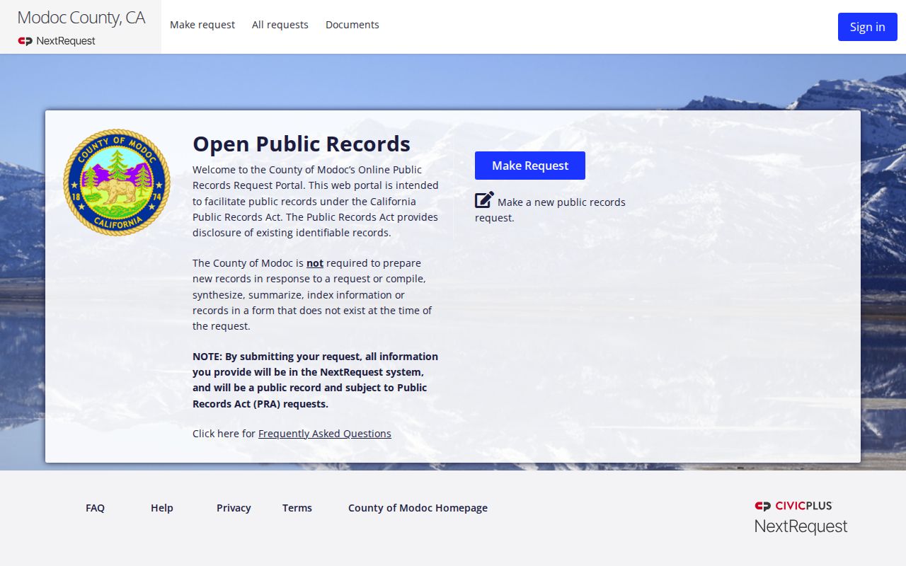 Modoc County NextRequest public records portal for a booking record request