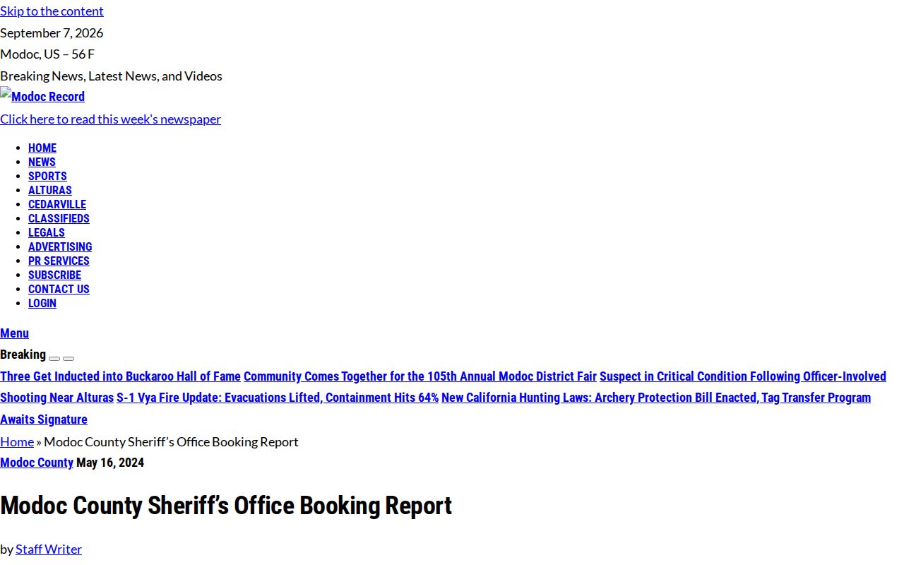 Modoc Record weekly booking report and Sheriff blotter page