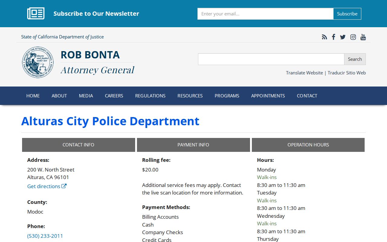 Official California Attorney General listing for Alturas Police Department